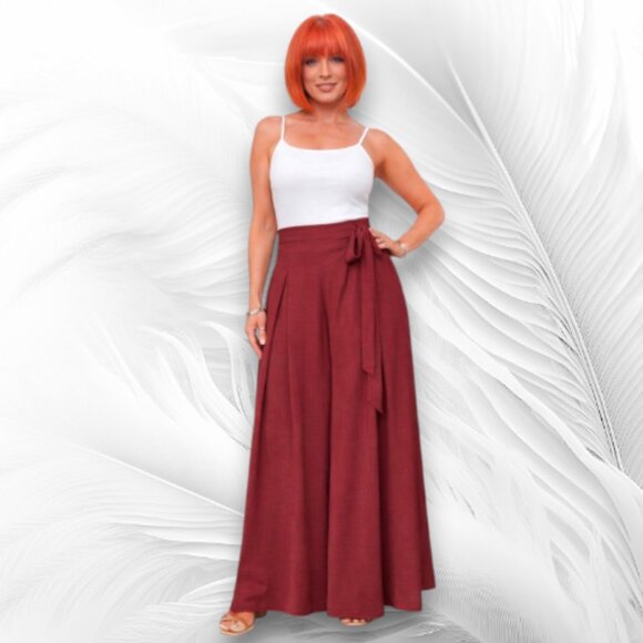 Pants - Burgundy High Waist Wide Leg Palazzo Pants Wrap Detail Elastic Back